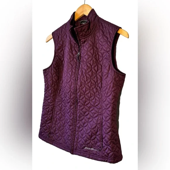 EDDIE BAUER Full Zip Mock Neck Plum Floral Print Puffer Vest Women's Size S - Picture 3 of 9
